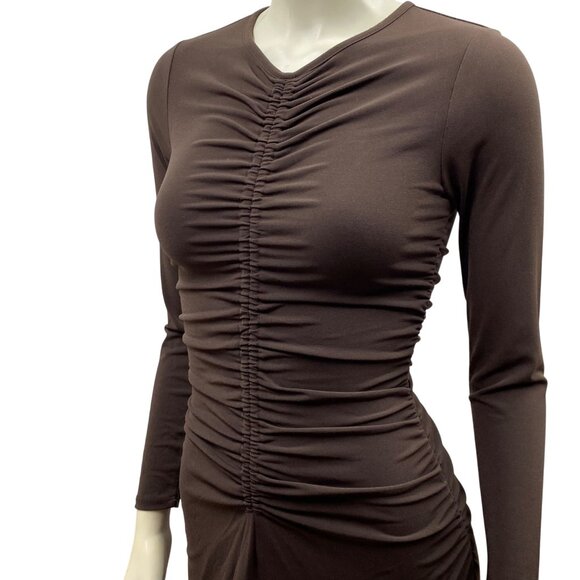 MICHAEL KORS $145 Brown Ruched Long Sleeve Midi‎ Dress With V-Neckline SM NWT - Picture 6 of 12